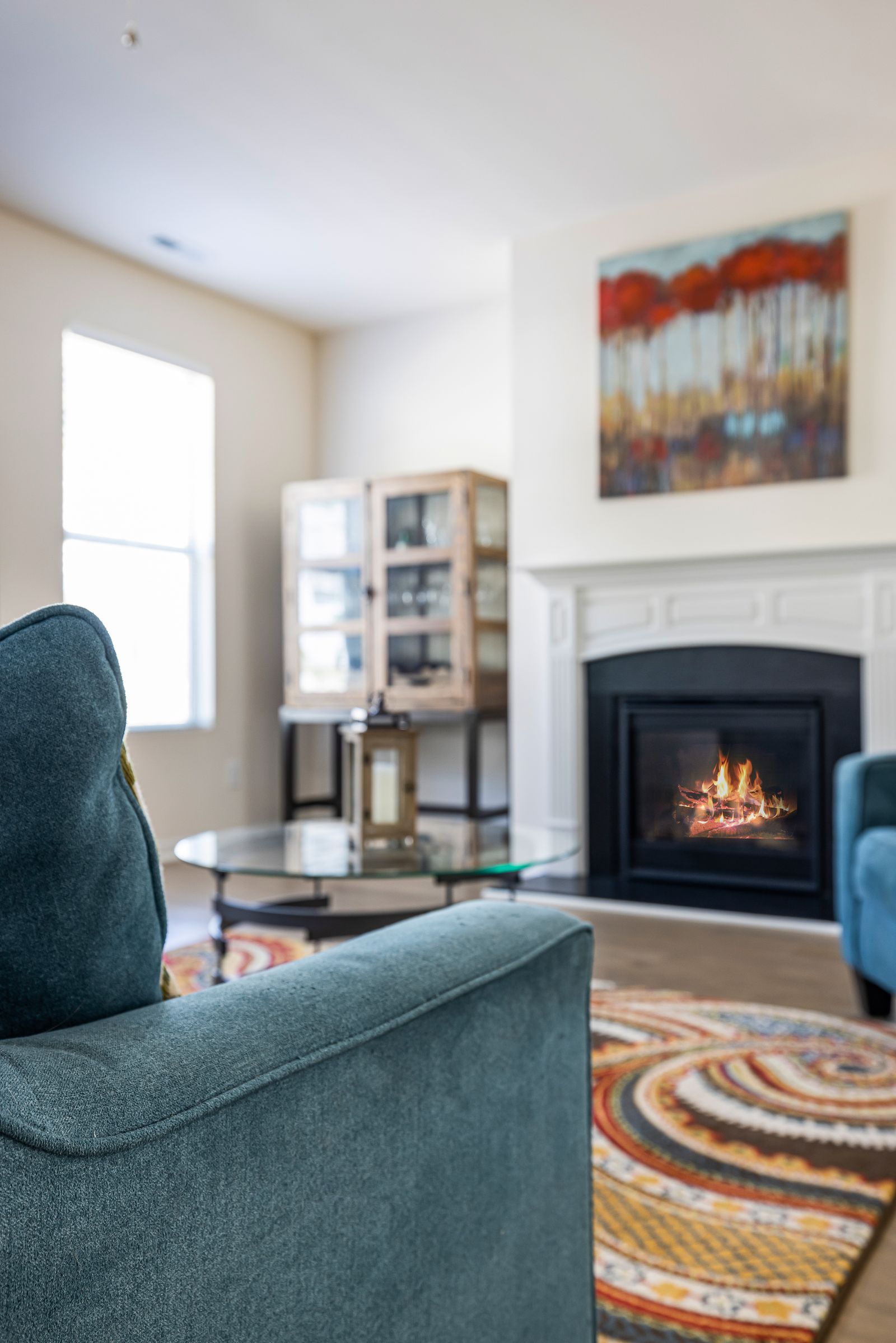 Sample image of a living room with a lit fireplace